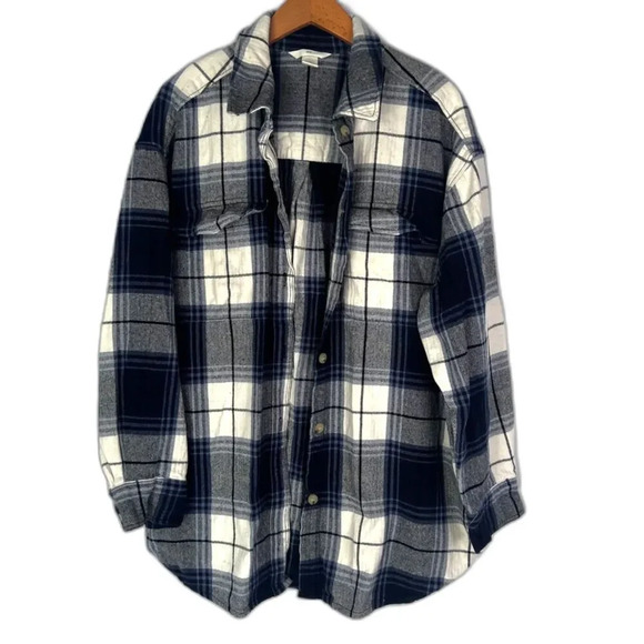 H&M Blue & White Plaid Button Front Flannel Cotton Shirt Shacket Size Large - Picture 1 of 10